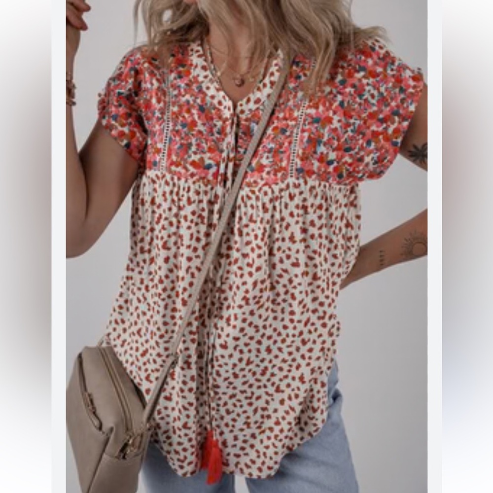 Savanna Jane Boho Embroidered Short Sleeve Tassel Tie Top Size Small - Picture 1 of 12